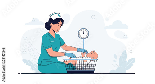 Nurse Weighing Newborn Baby on Scale, Healthcare and Pediatrics Concept, Flat Design Illustration