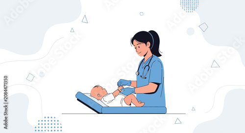 Nurse with Stethoscope Caring for Newborn Baby on Changing Table in Minimalist Vector Illustration Style