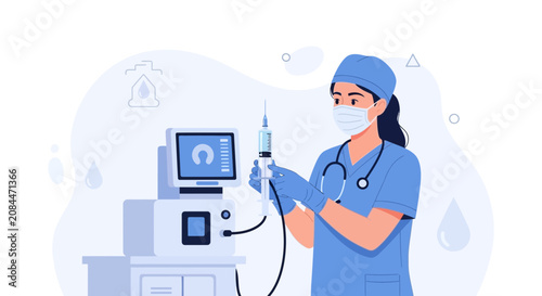Nurse with Syringe and Medical Equipment, Vector Illustration
