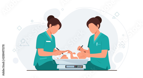 Nurses weigh newborn baby on electronic scale, documenting health metrics. Modern flat illustration for healthcare and medical concepts.