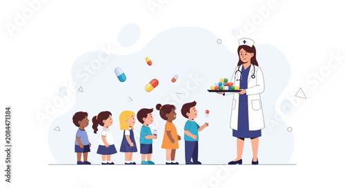 Nurse with Tray of Pills and Line of Children Waiting for Medication