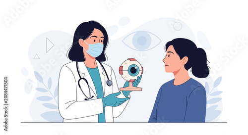 Ophthalmologist Consults Patient with Eye Model - Medical Healthcare Illustration