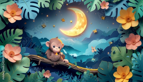Cute Jungle Monkey Layered Paper Cut Night Scene