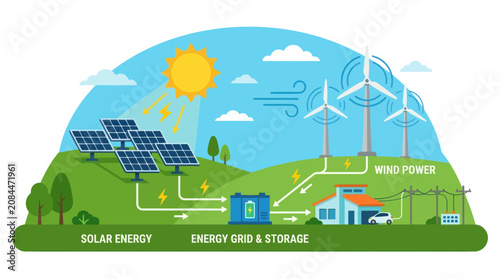 Solar and wind energy grid storage illustration.