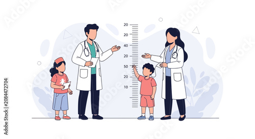Pediatricians Measuring Children's Height with a Stadiometer, Healthcare Concept