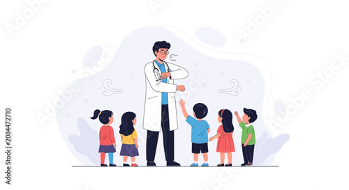 Pediatrician with Children, Health Education, Doctor Consultation, Children's Healthcare, Medical Scene Vector