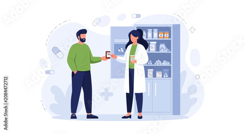 Pharmacist Advising Patient at Pharmacy Counter with Medicine Shelves and Pill Graphics