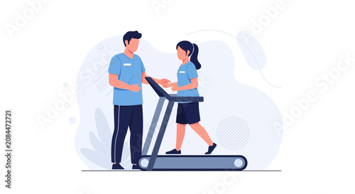 Physical Therapist Assisting Patient on Treadmill for Rehabilitation and Fitness Training