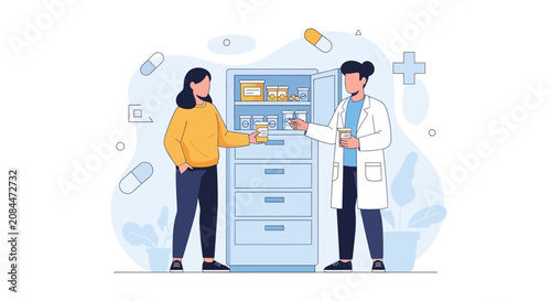 Pharmacist and Customer in Pharmacy, Discussing Medication and Health Advice. Vector Illustration for Healthcare and Medical Concepts.