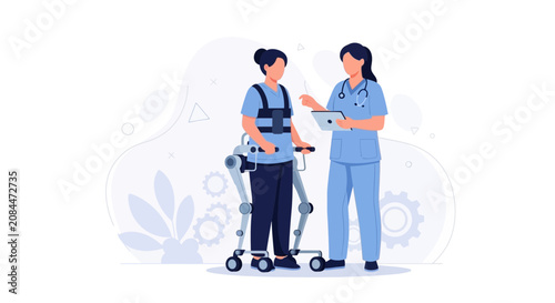 Physical Therapist Guides Patient Using Advanced Exoskeleton for Rehabilitation