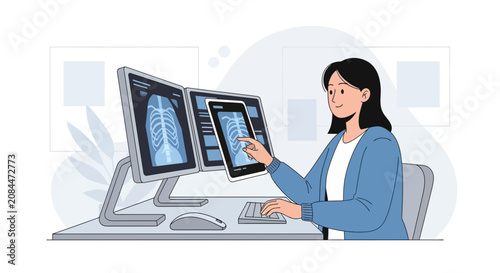 Radiologist Analyzing X-ray Images on Multiple Screens, Modern Healthcare Technology