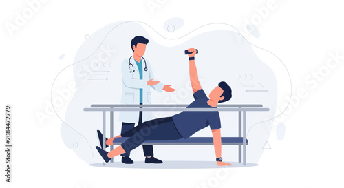 Physical Therapy Session: Doctor Guides Patient Through Rehabilitation Exercise with Dumbbell