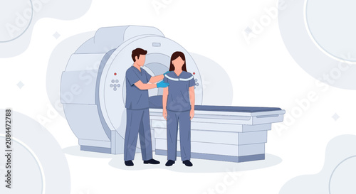 Radiologist preparing patient for MRI scan in a modern medical clinic