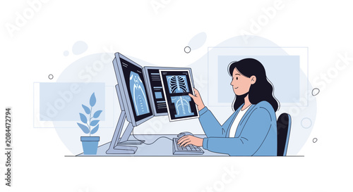 Radiologist Analyzing X-ray Scans on Computer Monitor - Medical Diagnostic Illustration