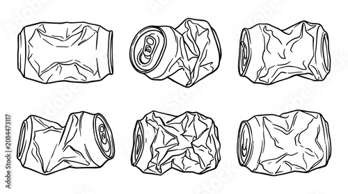 Crushed Aluminum Can Line Art Set with Hand Drawn Doodle Vector Illustration Isolated in Black and White background PNG