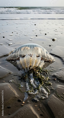 Translucent Jellyfish Washed Ashore on Wet Sandy Beach Near Ocean Waves