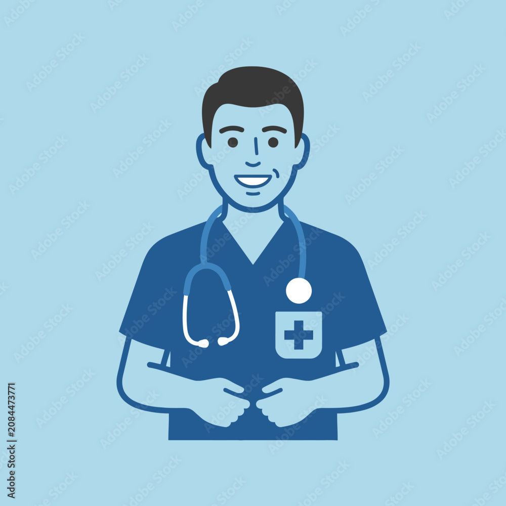 Fototapeta premium A friendly male doctor wearing a blue medical uniform icon