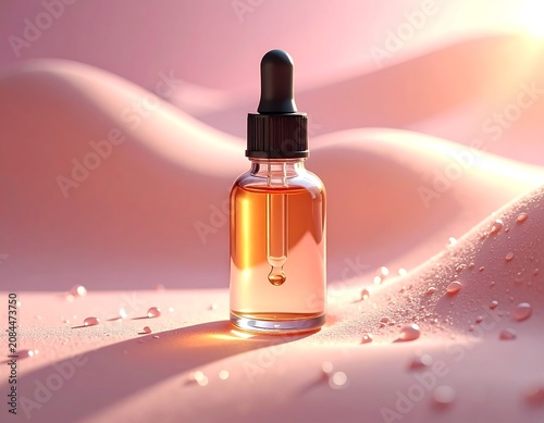 Amber Cosmetic Dropper Bottle Standing on Pink Fabric with Water Droplet
