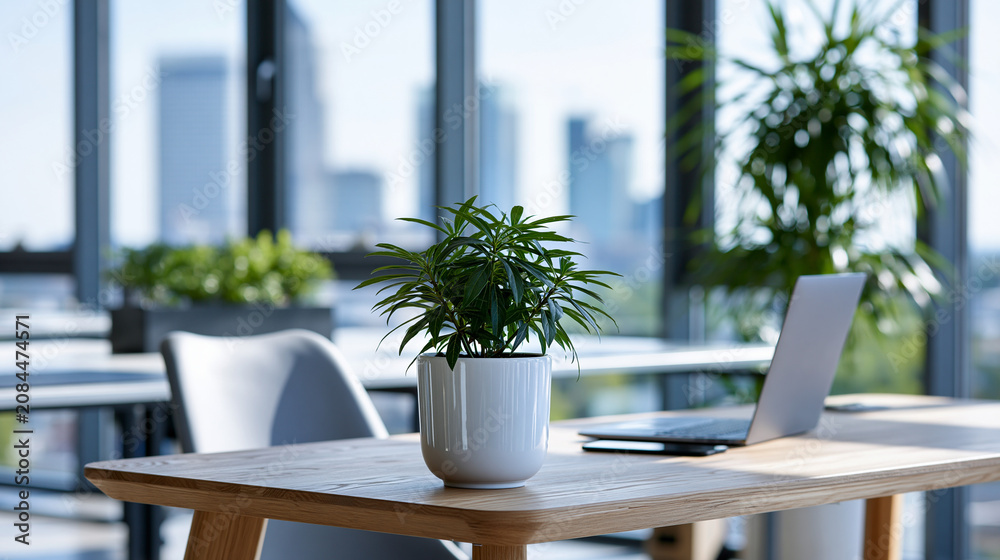 Fototapeta premium Open plan coworking office with desks and plants overlooking city skyline through floor-to-ceiling windows during daytime, modern workspace concept, architectural office