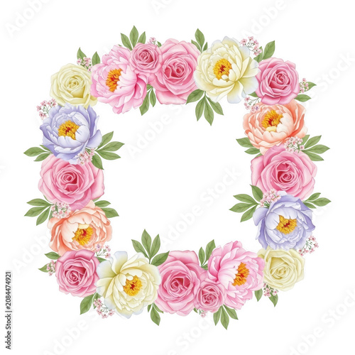 Colorful floral wreath with roses isolated on transparent background