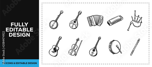 Schilderij op canvas Black ink scribble hand drawn doodle sketch vector icon set featuring folk music