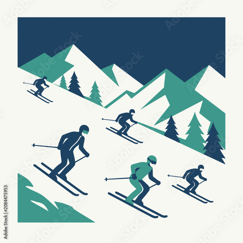 Schilderij op canvas Minimalist vector illustration of skiers descending a snowy mountain