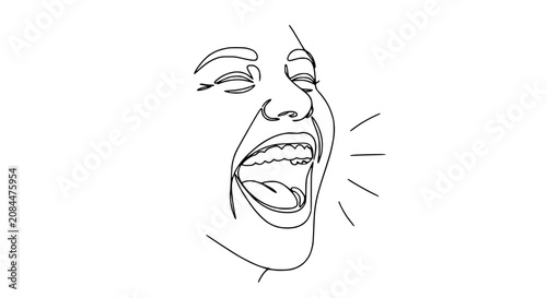 Foto Joyful Woman Laughing Face, Continuous Line Art, Expressive Mouth Open, Happines