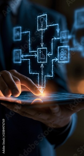Artificial intelligence automation and AI agent workflow concept with person using digital tablet to design process diagram, symbolizing machine learning, innovation, and smart technology