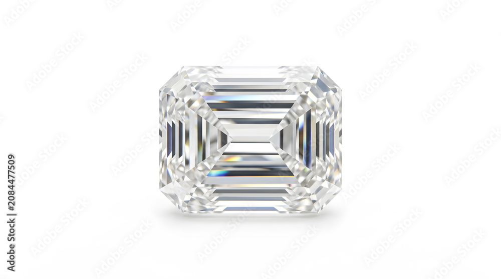 Fototapeta premium Premium emerald cut diamond isolated on white background with brilliant light reflection and rainbow dispersion, luxury octagonal step cut gemstone for jewelry, engagement ring, wedding, investment an
