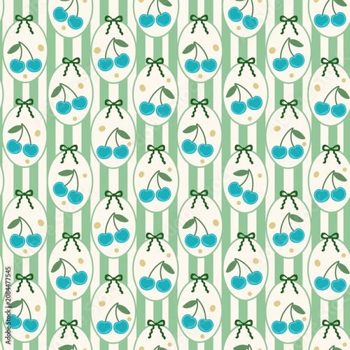 Cute Cherry and Ribbon Stripe Seamless Pattern. Pastel Cherry Oval Frame Repeat Pattern with Bows. Coquette Cherry and Vertical Stripe Seamless Background.