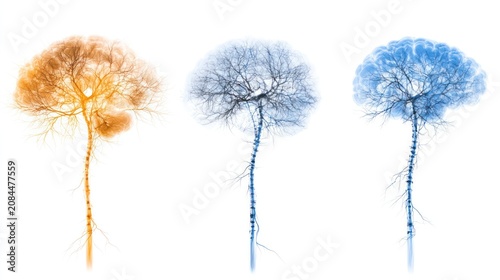 Neural Network Trio: Three stylized human brains, depicted as intricate neural networks in warm orange, cool blue, and deep indigo, representing diverse cognitive states or processes.