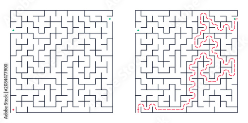 Maze puzzle with solution path highlighted in red line  