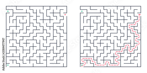 Simple maze layout with solution path highlighted in red  