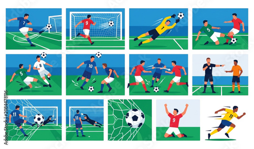 Fotografie Football Action Vector Set with Player Kicking Ball Goal Net and Competitive Soc