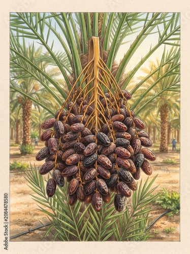 Khudri Date Cultivar – Phoenix dactylifera Scientific Botanical Illustration