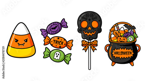 Halloween candy, spooky sweets, trick or treat, colorful icons