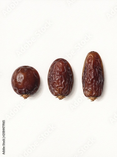 Date Fruit Shape Comparison – Round vs Oval vs Elongated Scientific Botanical Illustration