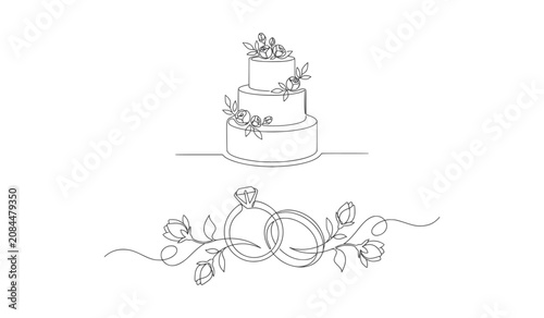 Minimalist Line Art Wedding Cake with Engagement Rings and Floral Buds Illustration