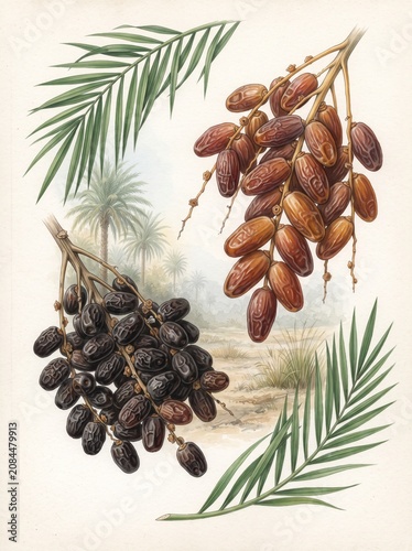 Dark and Brown Date Palm Fruit Cultivars – Phoenix dactylifera Scientific Botanical Illustration