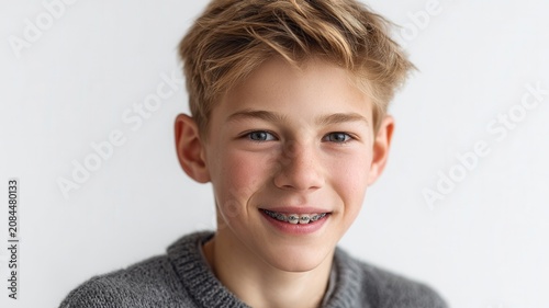 Young boy with braces smiling showing orthodontic treatment and healthy children dental care