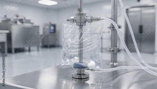 Medium shot capturing a magnetdriven singleuse mixer in a sterile facility highlighting precision batch mixing with rapid changeover capabilities.