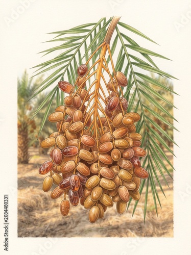 Khalas Date Palm Fruit Cluster Ripening on Tree – Phoenix dactylifera Botanical Photograph