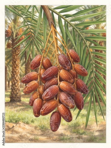Medjool Date Palm Fruit Cluster Ripening on Tree – Phoenix dactylifera Botanical Photograph