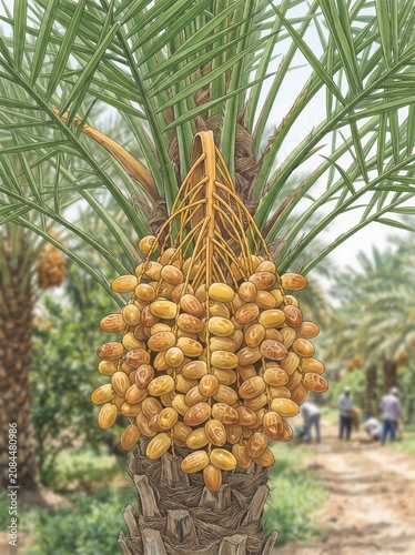 Sukkari Date Palm Fruit Cluster Ripening on Tree – Phoenix dactylifera Botanical Photograph