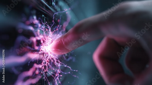 Hand pointing digital glowing target activating innovation concept data network future security interface connection