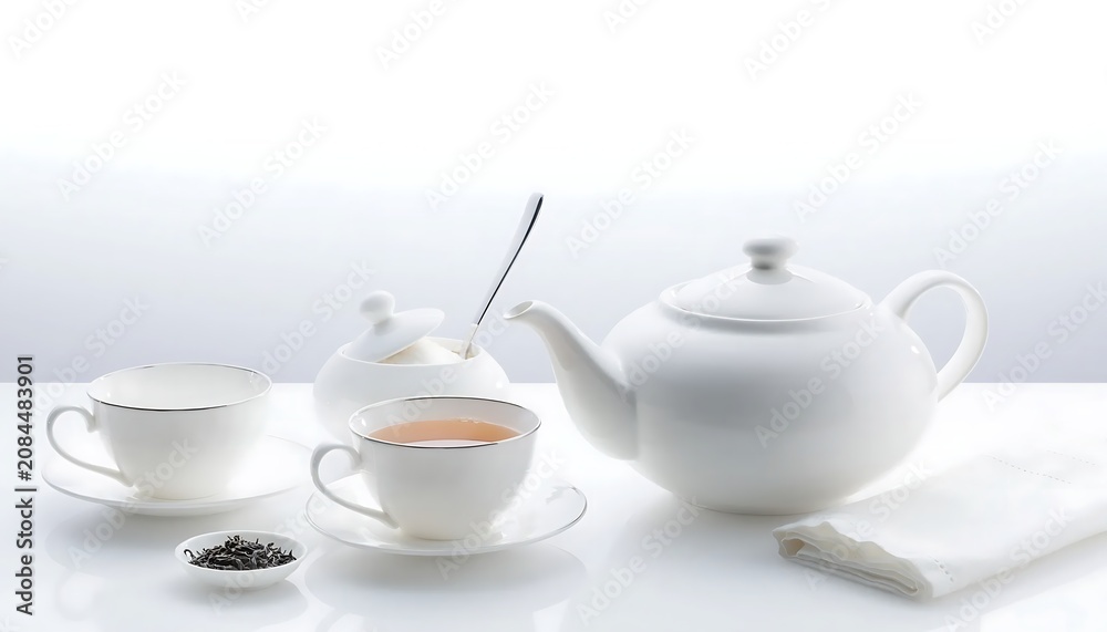 Fototapeta premium ElegantTeaSetWithWhiteTeapotAndCups.