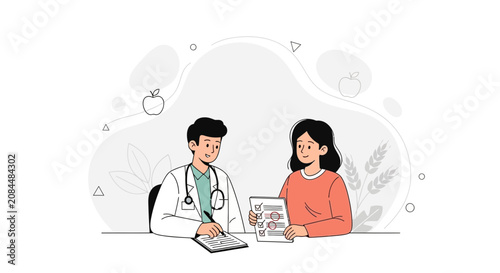 Doctor and Patient Consultation with Checklist and Medical Icons, Modern Flat Illustration