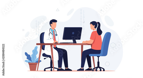 Doctor and patient consulting in a modern clinic office with digital elements