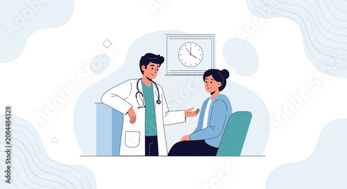 Doctor and patient consulting in a modern clinic, vector illustration concept of healthcare and medical consultation