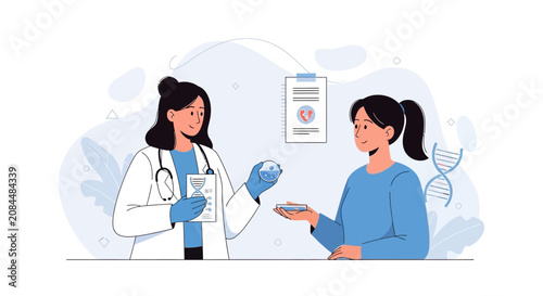 Doctor and patient discussing genetic testing results in a modern laboratory setting with DNA helix illustration